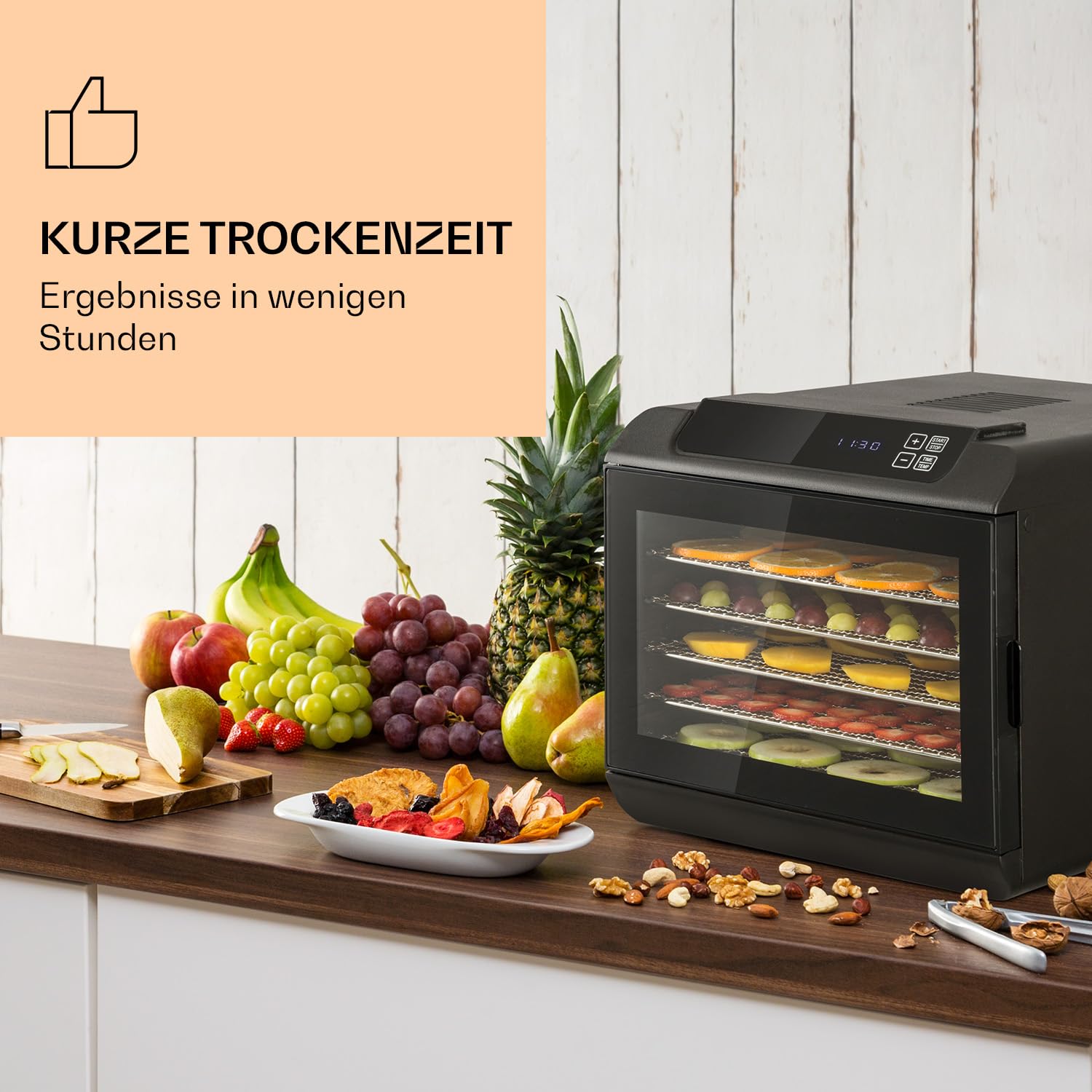 Klarstein Arizona Jerky Dörrautomat - Dörrgerät, Dehydrator, trocknet Obst, Fleisch und Früchte, 500 Watt, 35-70°C, 6 spülmaschinenfeste Einlagefächer, kurze Trockenzeit, Touch-Display, schwarz