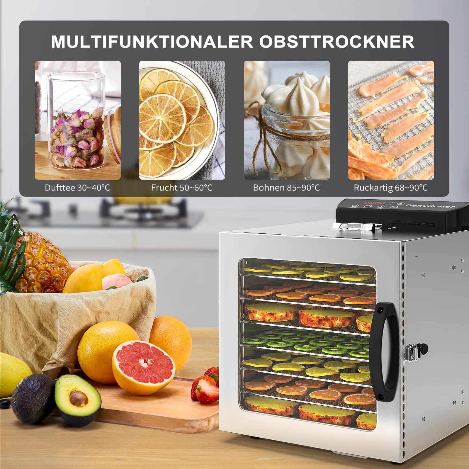 Lecon Dehydrator Stainless Steel Dehydrator Food 30-90°C, 24-Hour Timer Dehydrator for Food, Meat, Fruit, Vegetable Dryer, Fruit Dryer, Dehydrator with Apron, Sealed Tank (8 Levels)